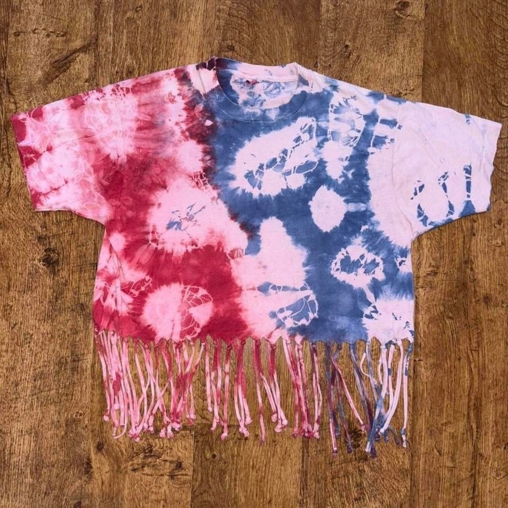 Fruit of the Loom tie dye fringed crop top. Got some tiny holes
